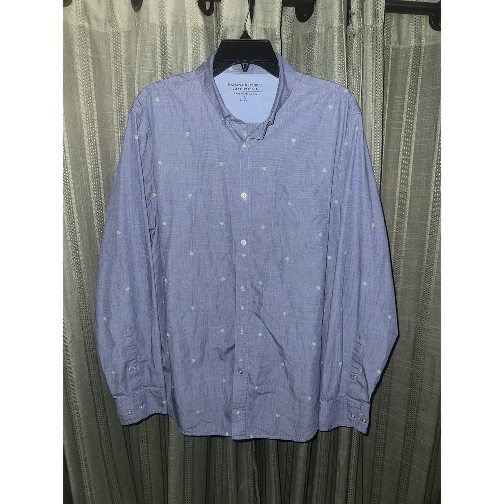 Banana Republic LUXE POPLIN SHIRT Large Palm Tree Preppy Careercore Purple Teal